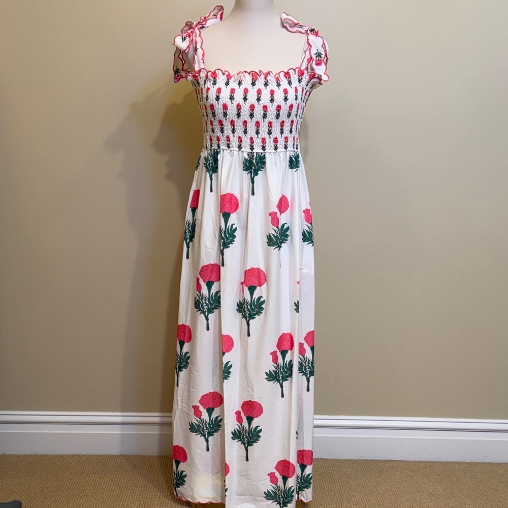 Pink Floral Smocked Maxi Dress Tie Straps Cottagecore Boho M